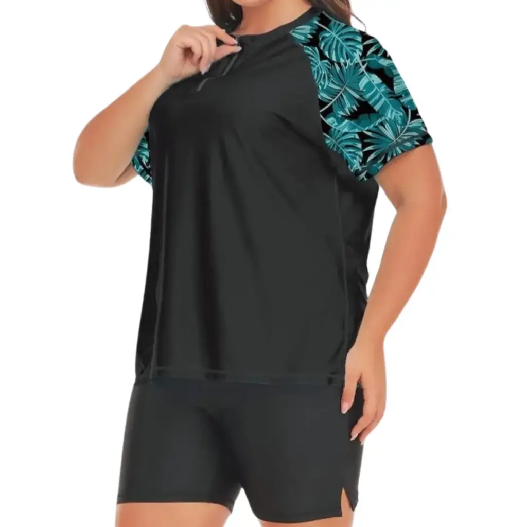 [115201] Traje de baño 2 piezas con playera C Negro Hojas T XXL