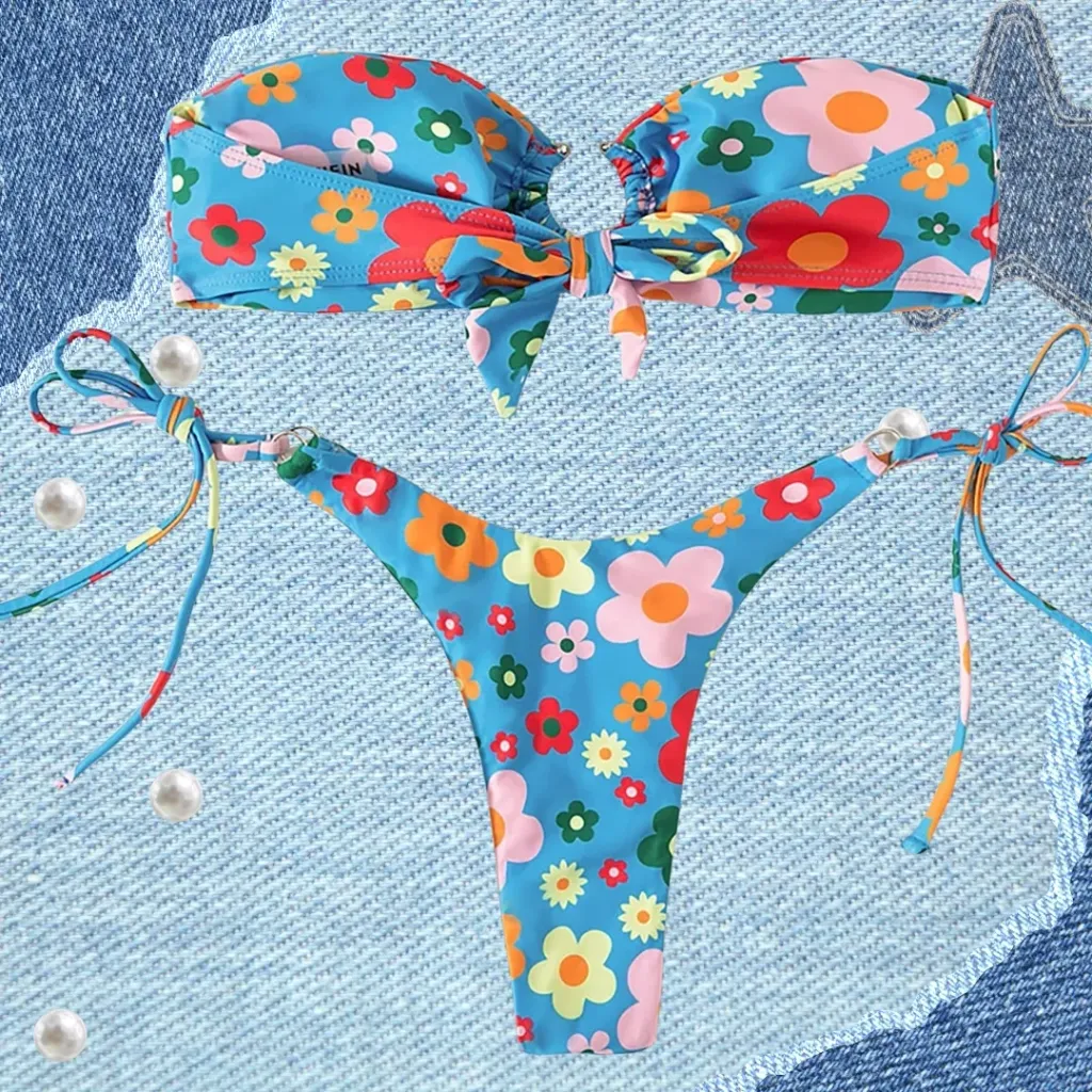 Traje de Baño Floreado 2 Pz C Azul T L