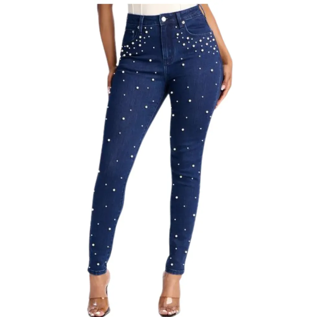 [114083] Pantalon Mezclilla con Perlas C Azul (Azul, XL)