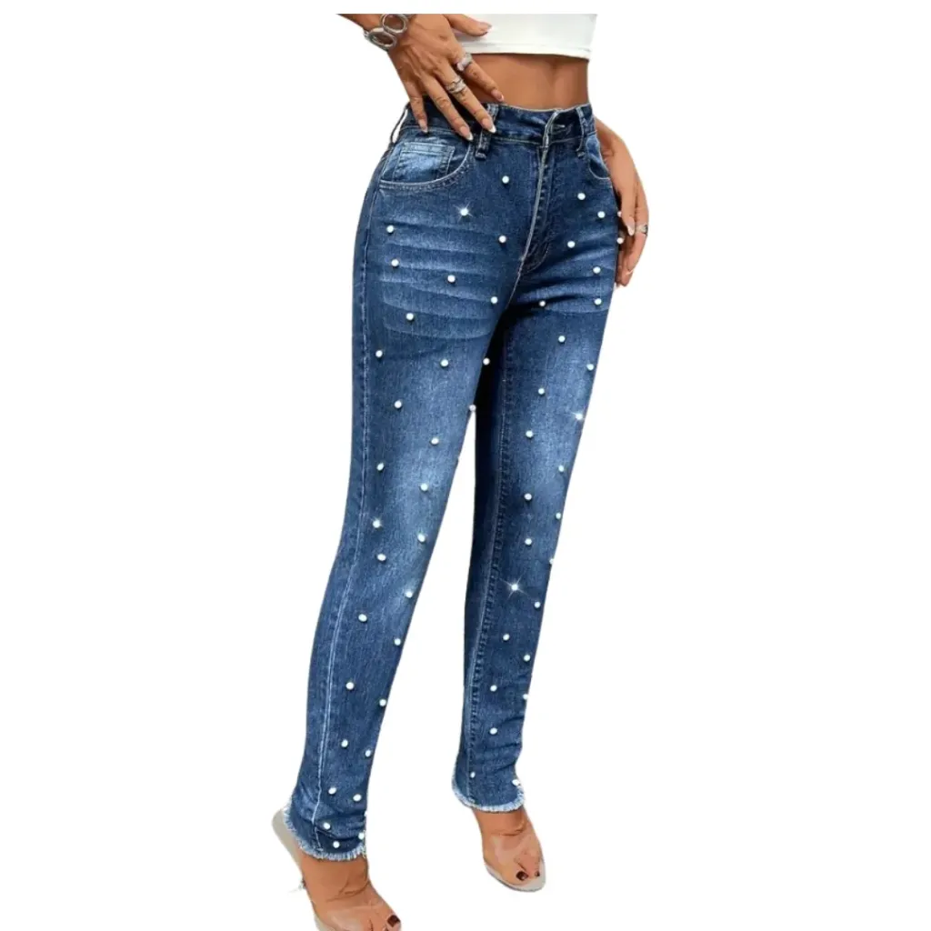 Pantalon Mezclilla Con Perlas C Azul Marino T XL