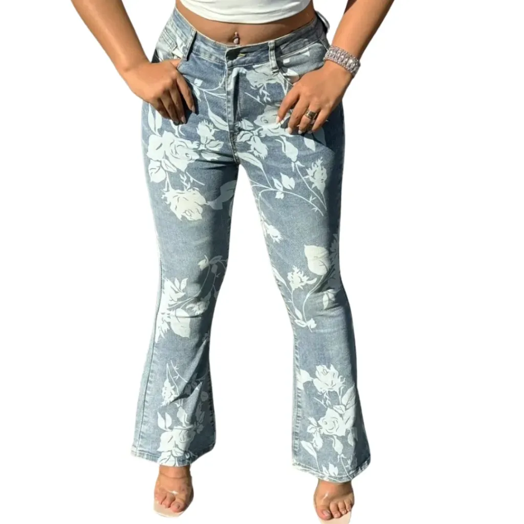 [210953] Pantalon Mezclilla Floral C Azul T XL