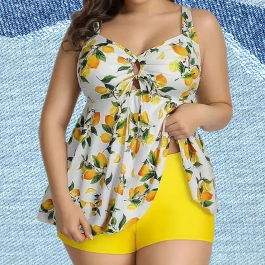 Traje de baño 2 piezas C Blanco floral amarilo/ gris T L