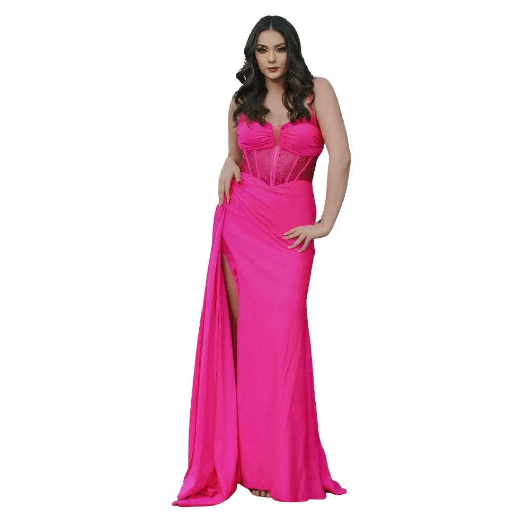 [511259] Vestido Brillos Con Cola Formal C Rosa T XS