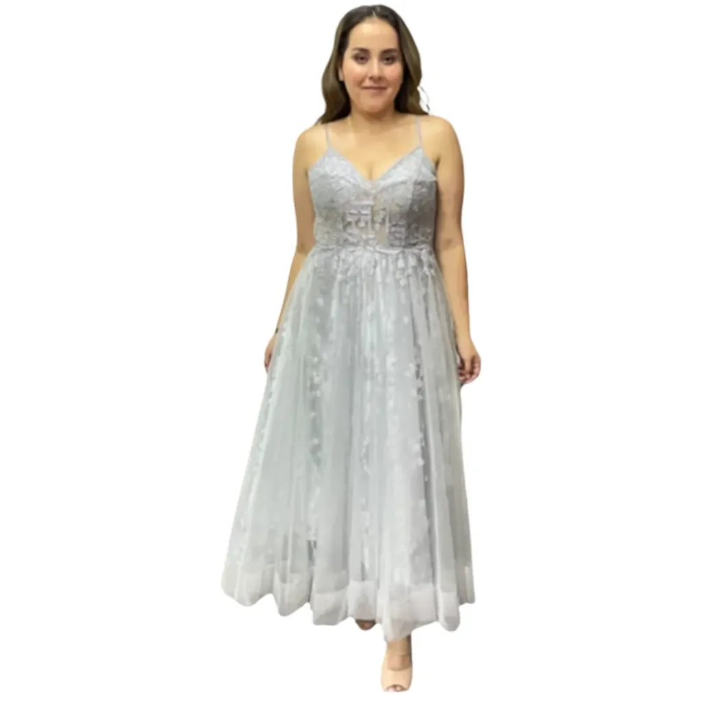 Vestido Bordado Formal C Gris T L