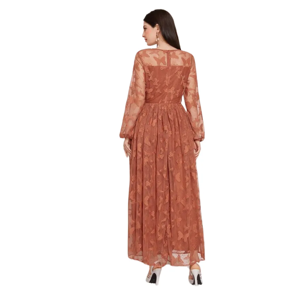 Vestido Bordado Formal C Marron T L