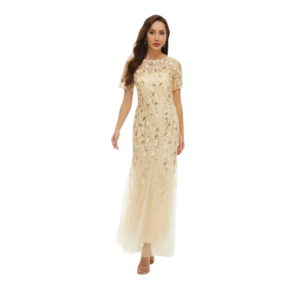 Vestido Bordado Formal C Dorado T XL
