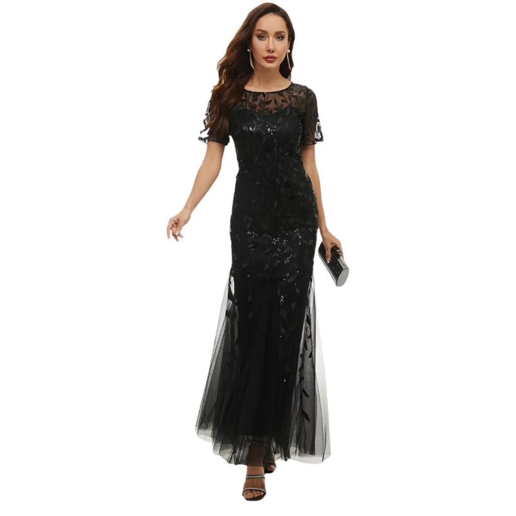 [511531] Vestido Bordado Party Prom Dress C Negro T S