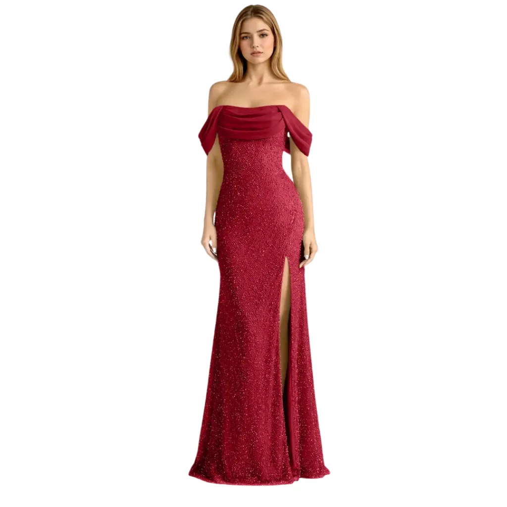 [511624] Vestido Liso Brilloso Formal C Vino T S