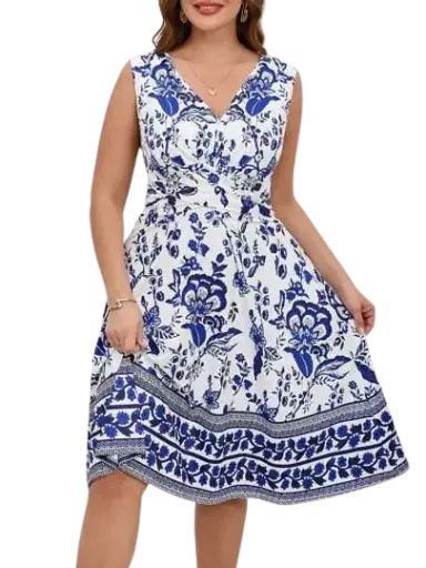 [5552] Vestido una manga C Blanco Floral Azul T M