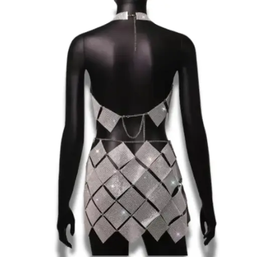 [101444] Vestido de Cuadros de piedritas Shein C Plata T L