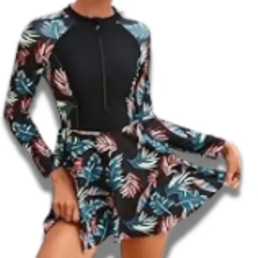 [115228] Traje de baño 1 pieza Manga larga y falda C Negro  Floral T L