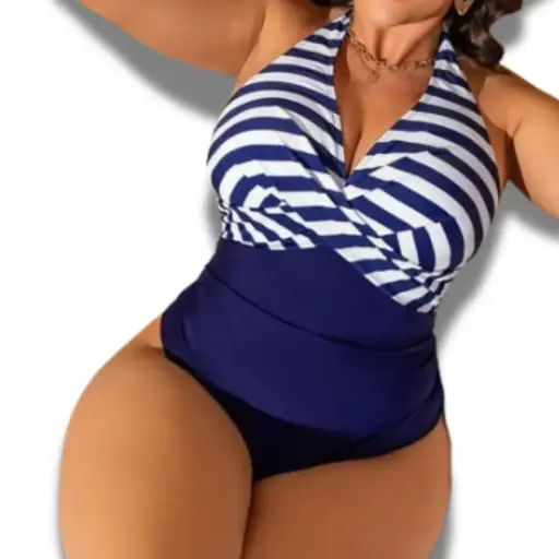 [115229] Traje de baño 1 pieza C Azul marino -Blanco rayas T L