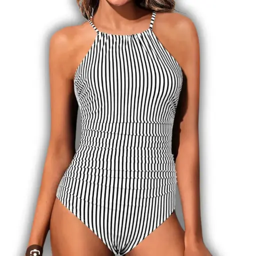 [115240] Traje de baño 1 pieza C Blanco- negro a rayas T L
