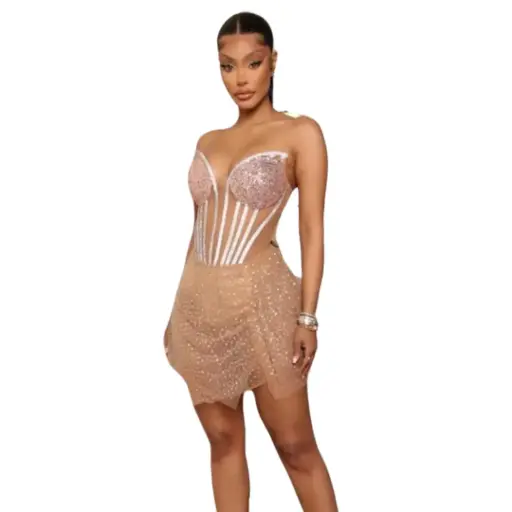 [113139] Vestido Fashion Nova C Beige  con piedritas T M