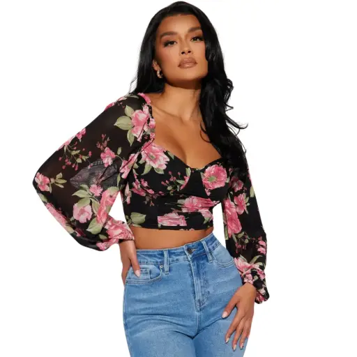 [1011015] Crop Top Privy C Negro floral T S