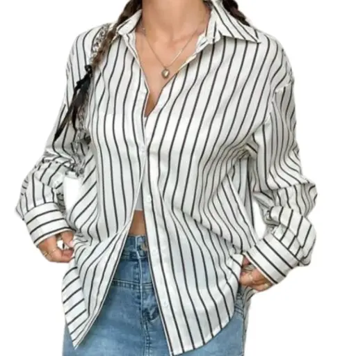 [011074] Blusa A new day C Blanco Rayas  negras T L