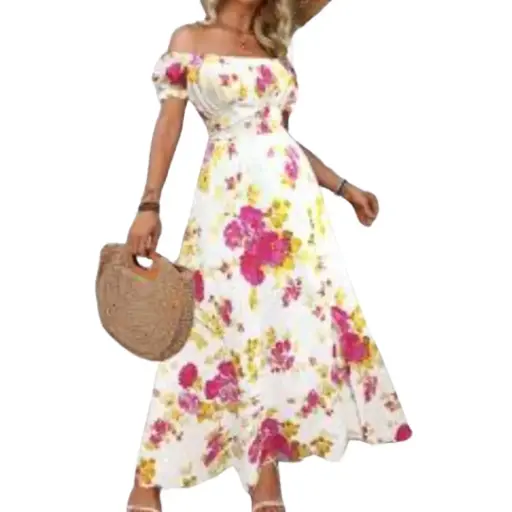 [011161] Vestido largo floreado C Rosa-Amarillo T L