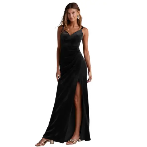 [985264] Vestido de terciopelo Azazie C Negro T S